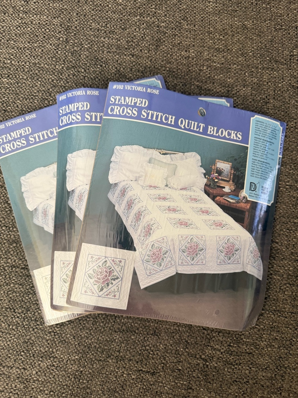 Set of 3 packs: Stamped Cross Stitch Quilt Blocks 6 per pack #102 Victoria Rose